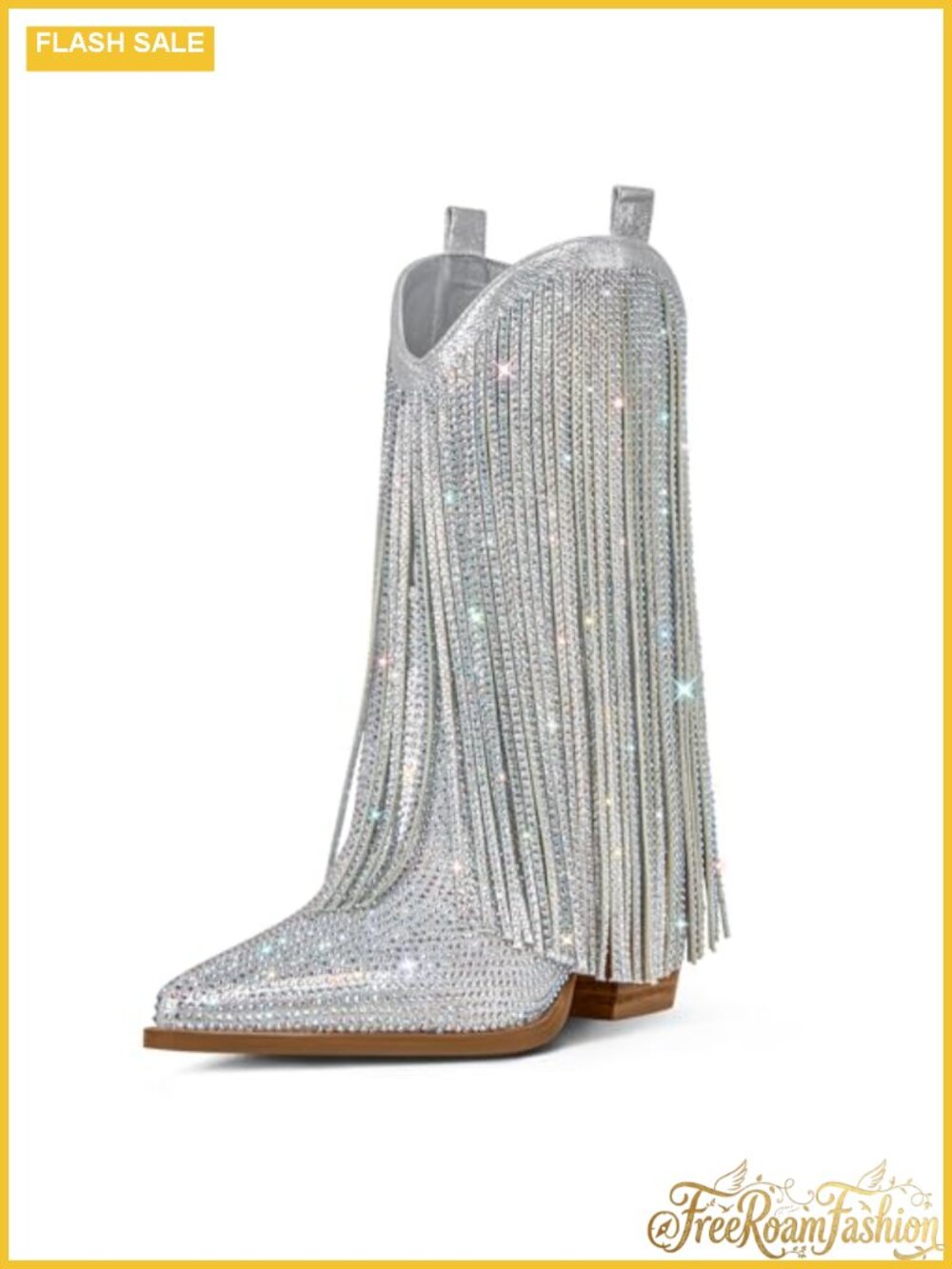 Ouepiano Fringe Cowgirl Boots Pointed Toe Mid-Calf Western Boots